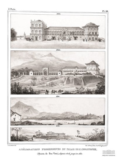 Palacio de São Cristóvão (Quinta de Boa Vista): cuatro vistas de su evolución, 1808-1835 — Jean-Baptiste Debret