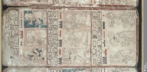 Página de códice maya con glifos y representaciones pictóricas