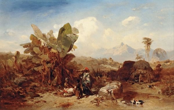 Paisaje tropical con figuras y choza