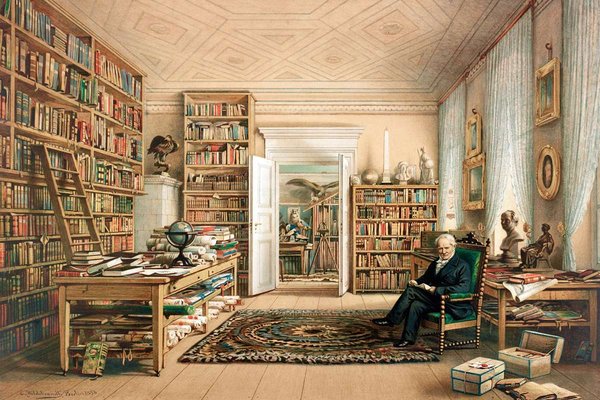 Estudio de un erudito con estanterías — Eduard Hildebrandt