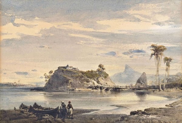 Paisaje costero con embarcaciones y fortaleza