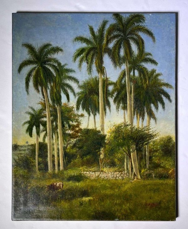 Palmeras y paisaje rural con vaca — Eduardo Morales Morales
