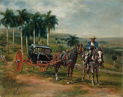 Un carruaje de dos ruedas tirado por un caballo se detiene en un camino rural — Eduardo Morales Morales