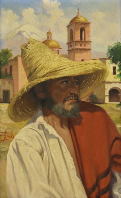 Retrato de un hombre con sombrero de paja y poncho rojo — Eduardo Morales Morales