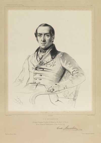 Litografía: Retrato del Conde C.O. Mannerheim luciendo condecoraciones — Émile Lassalle