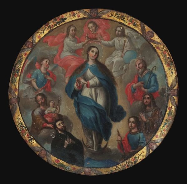 Virgen rodeada de santos y ángeles — Escudos de Monja