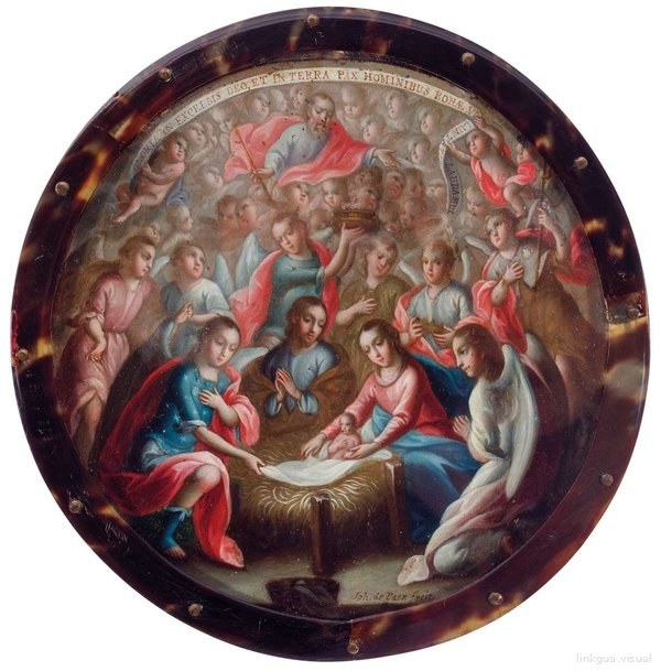 Nacimiento de Jesús con ángeles y Dios — Escudos de Monja