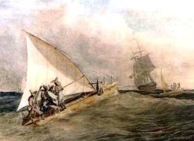 Jungada brasileña (embarcación de pesca) en la rada de Pernambuco, con el puerto en la distancia y la ciudad desierta de