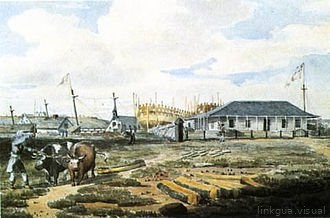 Vista de un asentamiento colonial con ganado
