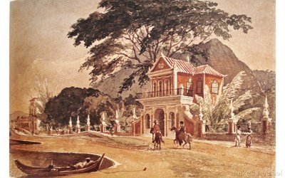 Casa colonial con jinetes y río — Emeric Essex Vidal