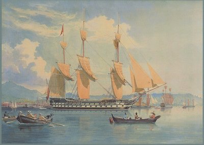 HMS Ganges anclado y secando sus velas frente a Río de Janeiro — Emeric Essex Vidal