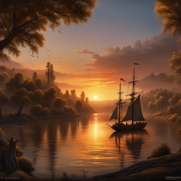 Velero en río al atardecer — Fortunato Arriola