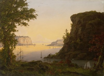 Atardecer dorado en la bahía de Quebec con veleros y acantilados — Frederic Edwin Church