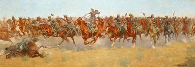Carga de caballería en la llanura polvorienta