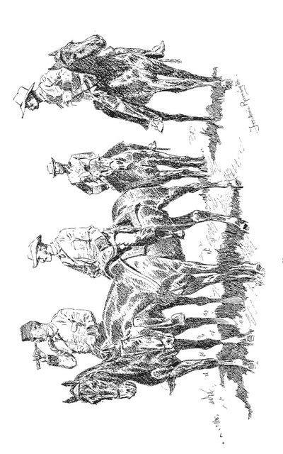 Cinco jinetes del Viejo Oeste al galope, dibujo dinámico — Frederic Remington