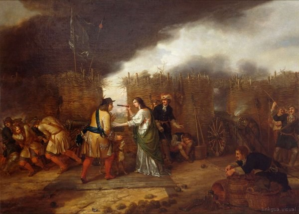 Escena de asedio con cañones y soldados