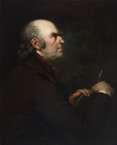 Retrato de hombre calvo de perfil con gafas, libro y bolígrafo — Friedrich Georg Weitsch