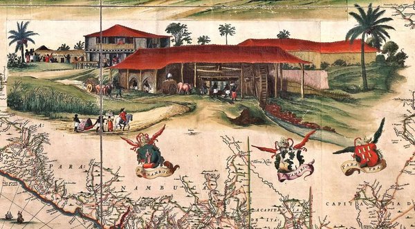 Paisaje colonial con edificaciones y pobladores — Georg Marcgraf