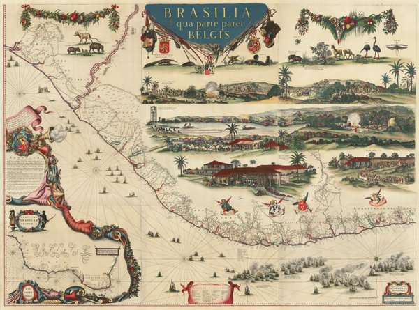 Mapa histórico de Brasilia con escenas detalladas — Georg Marcgraf