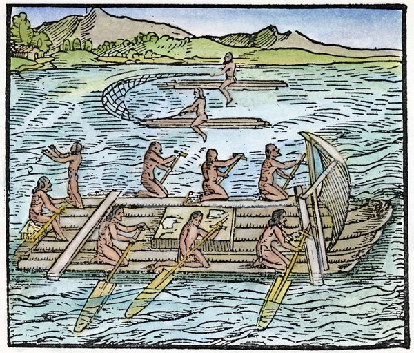 Pescadores en canoa con red y remos — Girolamo Benzoni