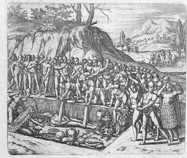 Ceremonia funeraria con ofrendas y rituales — Girolamo Benzoni