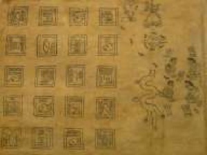 Páginas de códice prehispánico con glifos y figuras — Anónimo mexica
