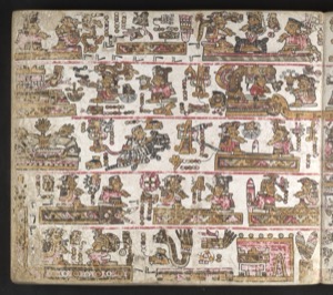 Páginas de un códice prehispánico con escenas rituales y mitológicas — Anónimo tlacuilo, tradición mixteca