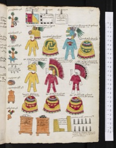Páginas del Códice Mendoza: Tributos y Vestimentas — Anónimo tlacuilo mexica (Códice Mendoza)