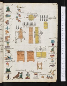 Página de un códice pictográfico con representaciones de objetos y figuras — Anónimo tlacuilo mexica (Códice Mendoza)