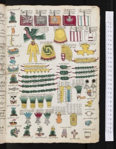 Pintura de tributos y ofrendas aztecas — Anónimo tlacuilo mexica (Códice Mendoza)