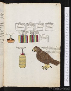 Ilustración de códice con elementos naturales y escritura jeroglífica