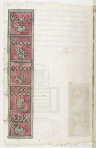 Página de códice con glifos mesoamericanos — Anónimo tlacuilo mexica (Códice Aubin)