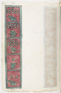Página de códice prehispánico con glifos y representaciones pictóricas — Anónimo tlacuilo mexica (Códice Aubin)