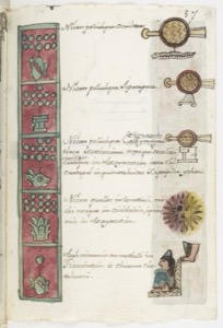 Página de códice prehispánico con glifos y escritura náhuatl — Anónimo tlacuilo mexica (Códice Aubin)
