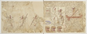 Ilustración de edificaciones y embarcación con figuras prehispánicas — Anónimo tlacuilo mexica (Códice Azcatitlán)