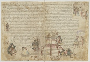 Documento histórico con ilustraciones de personajes y edificaciones — Anónimo mesoamericano