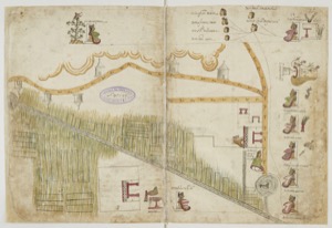 Mapa antiguo y detallado de una zona con vegetación y estructuras — Anónimo mesoamericano