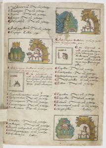 Páginas de un códice mesoamericano con glifos y escritura — Anónimo