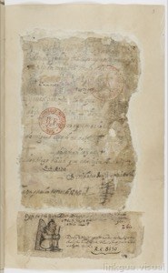 Página de documento antiguo con sellos y un grabado de un ángel