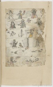 Páginas de un códice con glifos y figuras antropomorfas