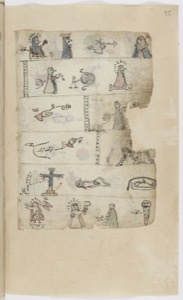 Páginas de códice con pictogramas religiosos y figuras humanas — Anónimo