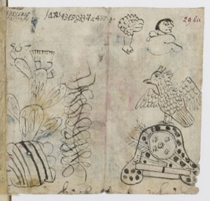 Dibujos prehispánicos: nopales, serpiente emplumada y aves — Anónimo