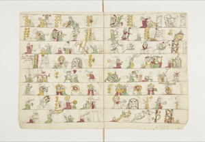 Páginas de un códice o registro antiguo con ilustraciones — Anónimo mesoamericano