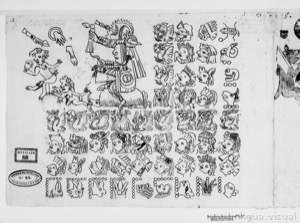 Grabado con glifos y figuras de la cultura maya