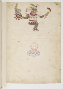 Figura de un guerrero azteca con tocado elaborado y armas — Anónimo tlacuilo (Códice Ixtlilxóchitl)