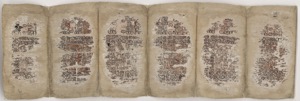 Páginas de un códice antiguo con texto y miniaturas descoloridas — Anónimo maya