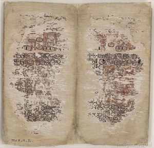 Páginas de antiguo códice maya con glifos deteriorados — Anónimo maya