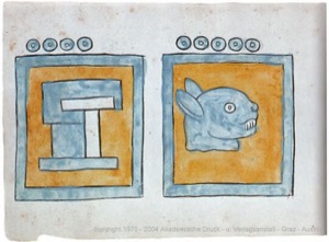 Páginas de códice prehispánico con glifos y un rostro de animal — Anónimo tlacuilo (Códice Magliabecchiano)