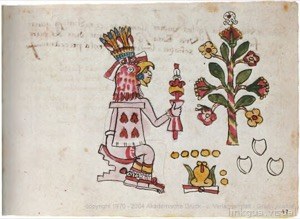 Figura mexica con atuendo ceremonial y ofrenda floral — Anónimo tlacuilo (Códice Magliabecchiano)