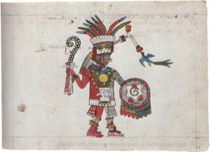 Guerrero Mexica con ornamentos rituales — Anónimo tlacuilo (Códice Magliabecchiano)